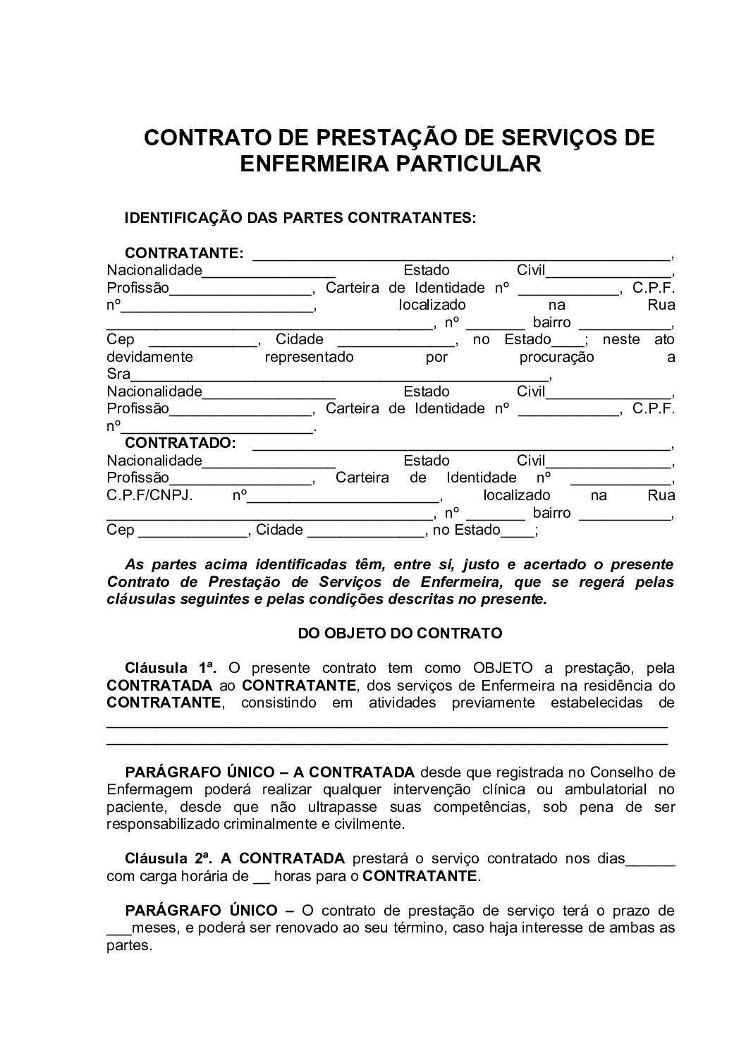 Contrato de serviços de Enfermeira + Suporte